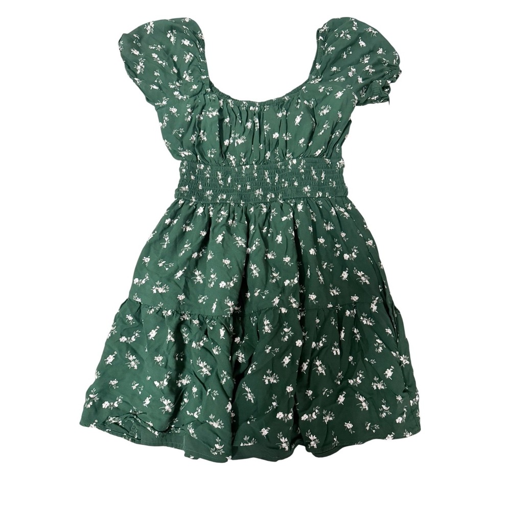 Hollister Mini Dress Romper Womens Small Green Floral Smocked Puff Sleeve Tiered